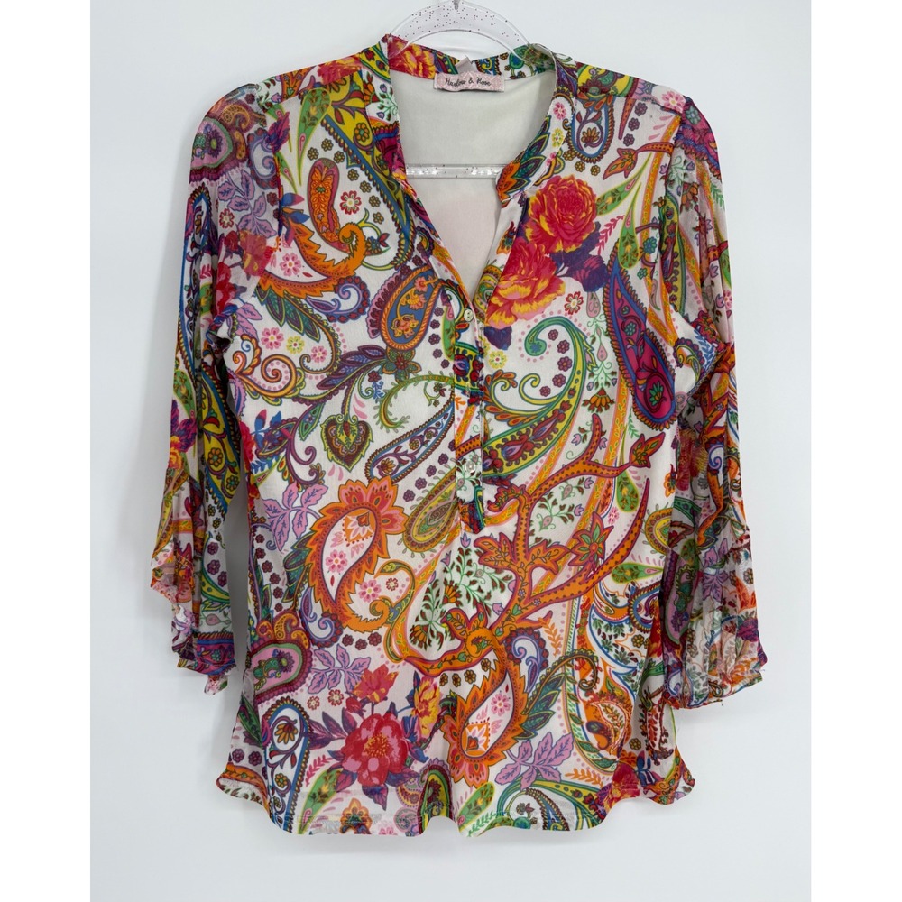 Harlow & Rose Womens Multi Color Paisley Floral Ruffle Sleeve Blouse Sz M